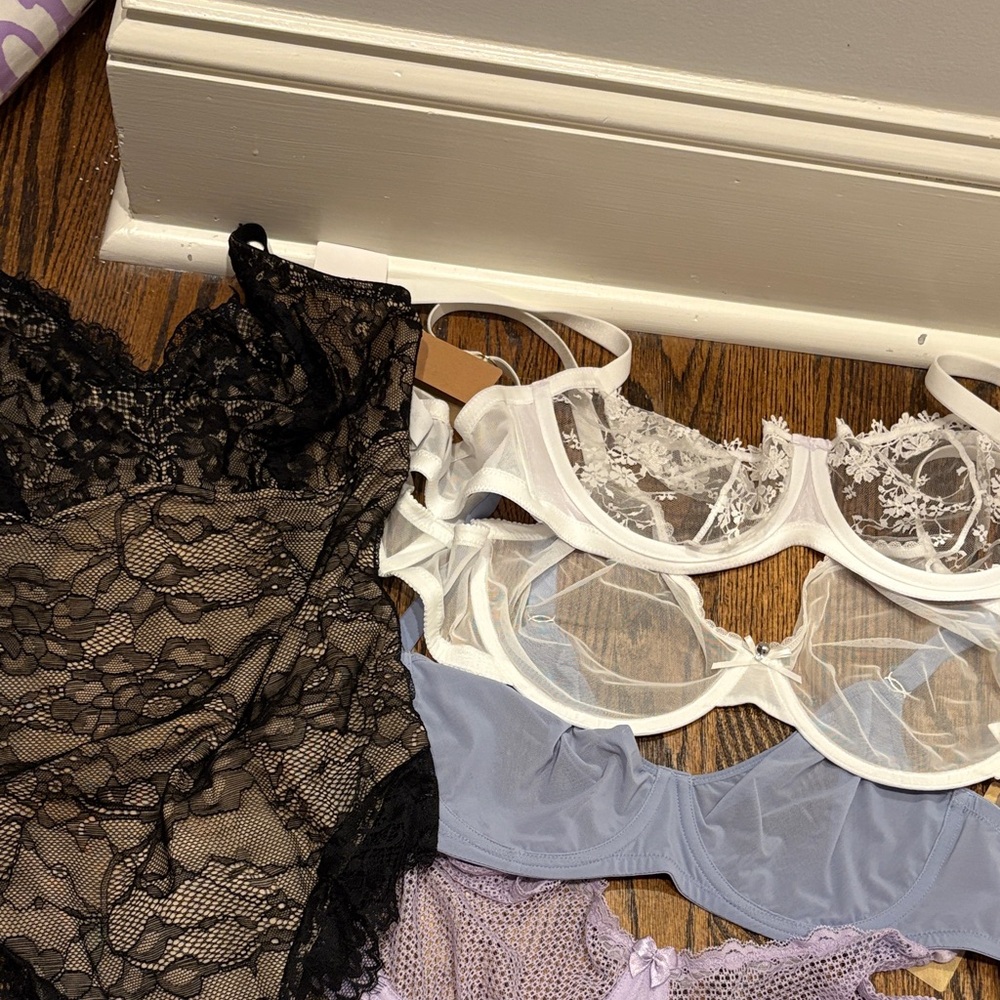 Elegant Lace Lingerie Set - Black, White, and Blue